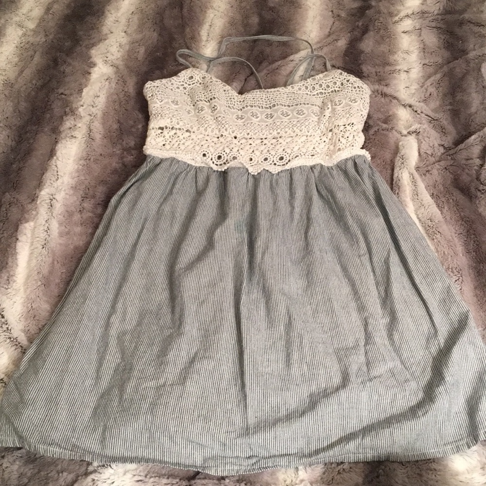 White and blue pinstriped dress with lace